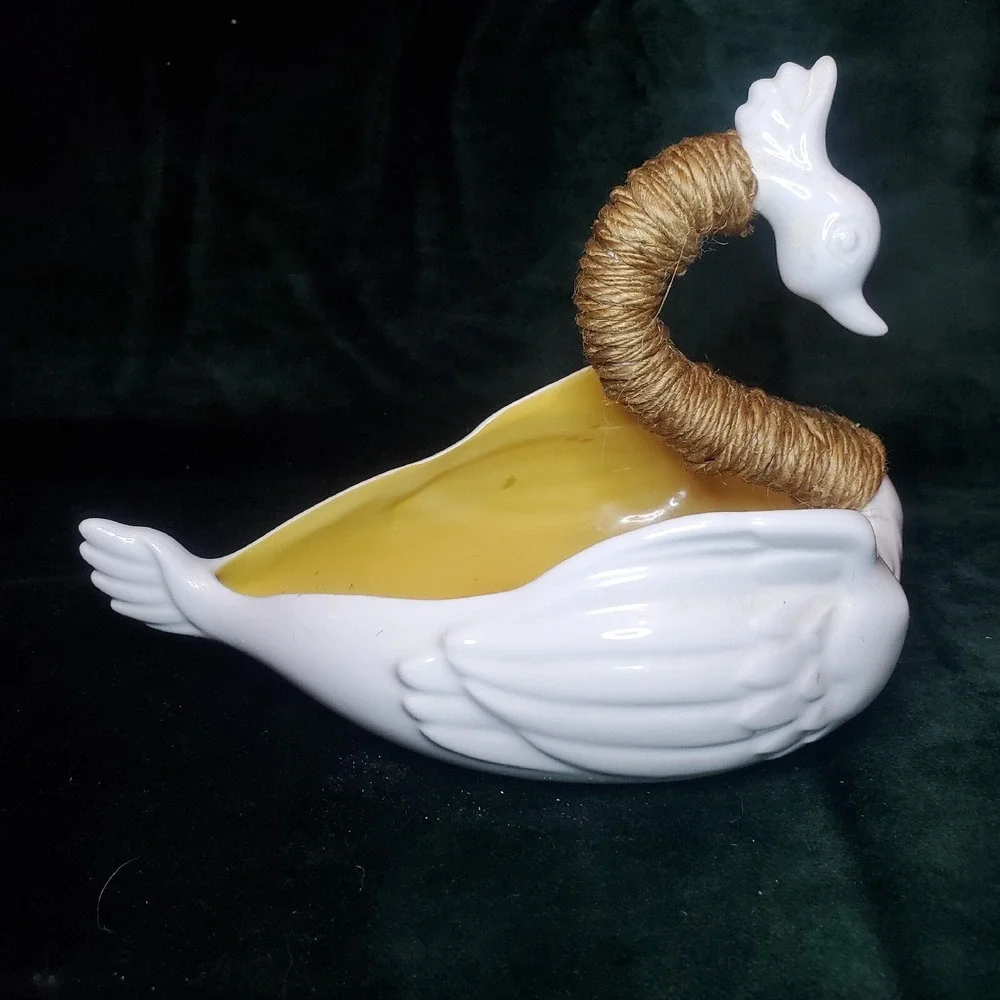 Ceramic Long Neck Swan With Rope Twine Wrapped Neck Candy Trinket Dish Unbranded